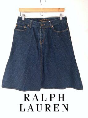 Ralph Lauren Jeans Co Denim A-Line Midi Skirt 5 Pocket Dark Wash Cotton Size 8